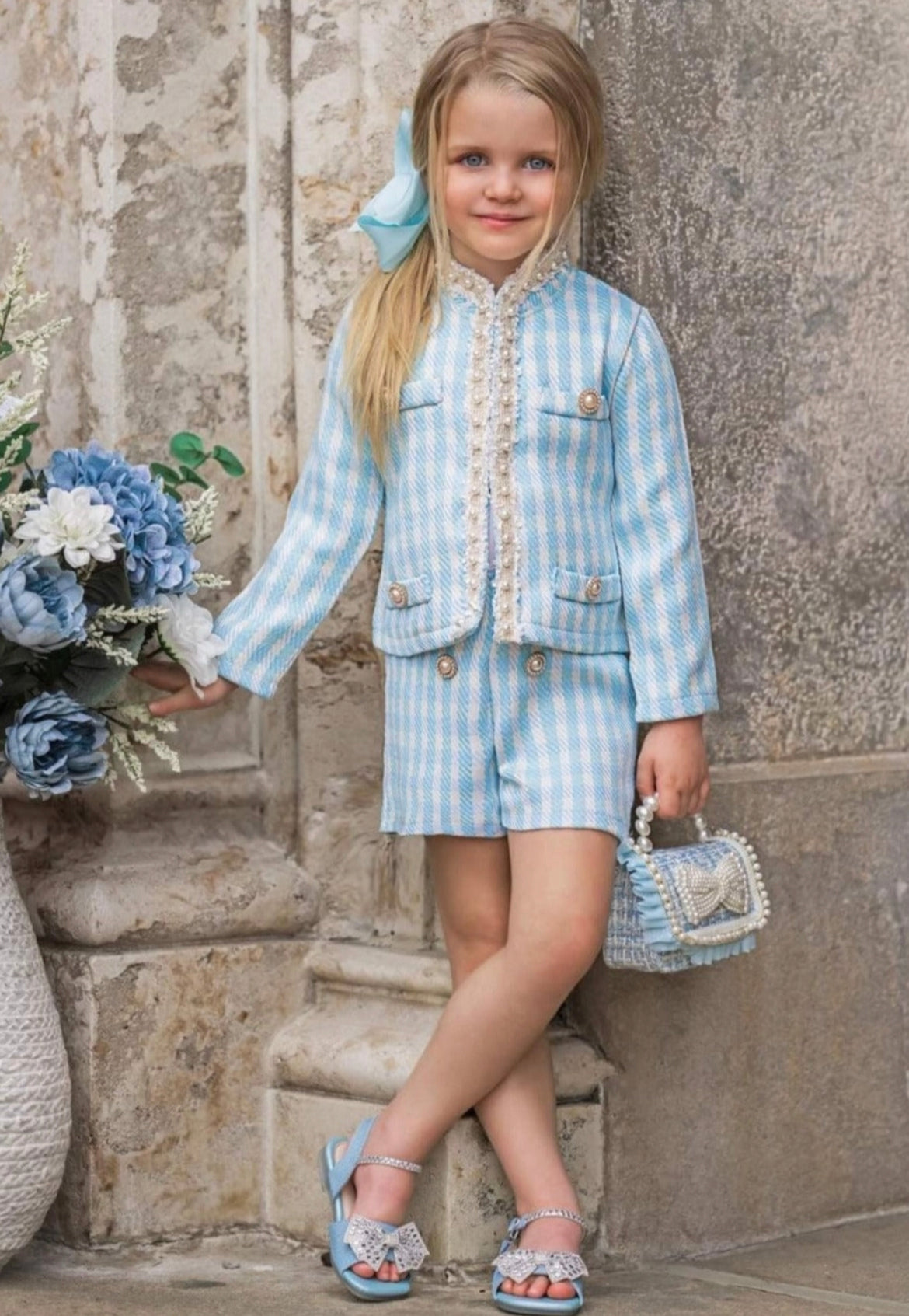 Blue Elegance Ensemble with Pearl Bow Purse