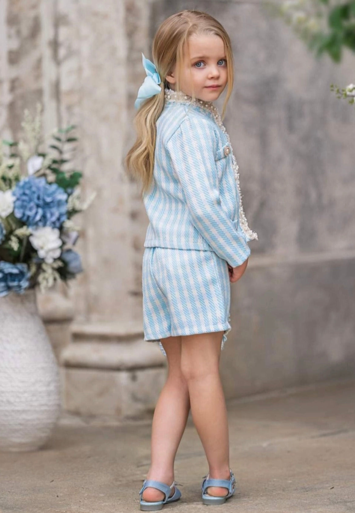 Blue Elegance Ensemble with Pearl Bow Purse