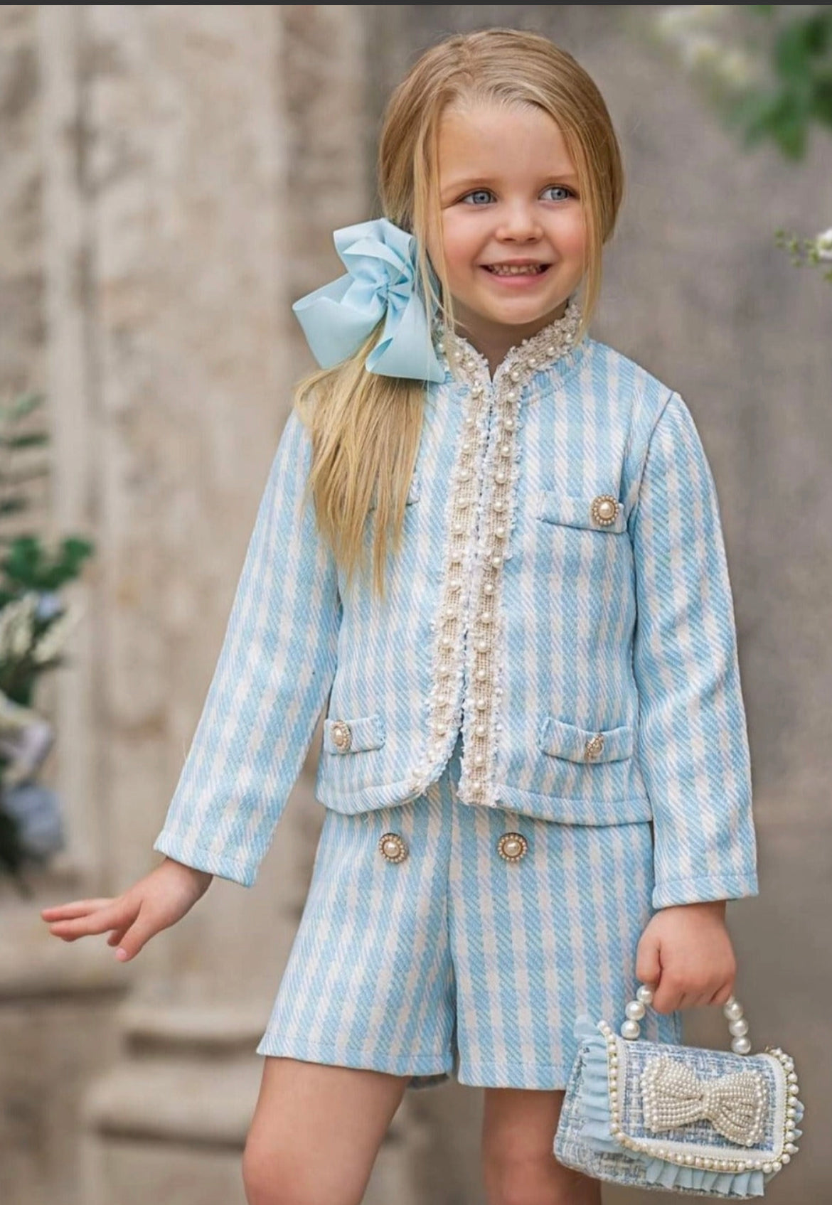 Blue Elegance Ensemble with Pearl Bow Purse