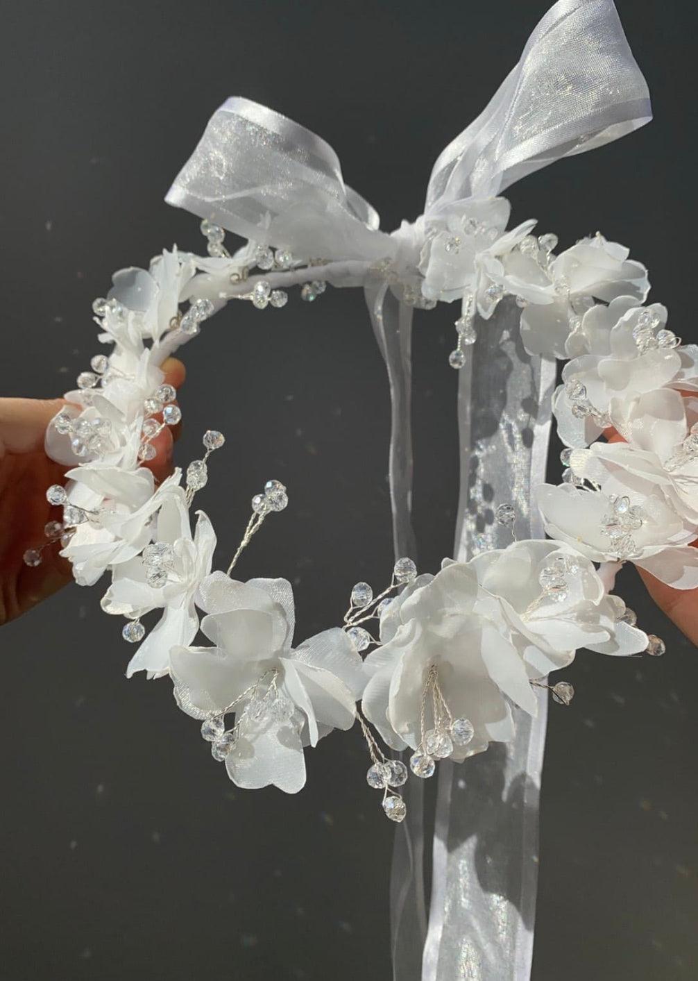 White Floral Crystal Ribbon Crown