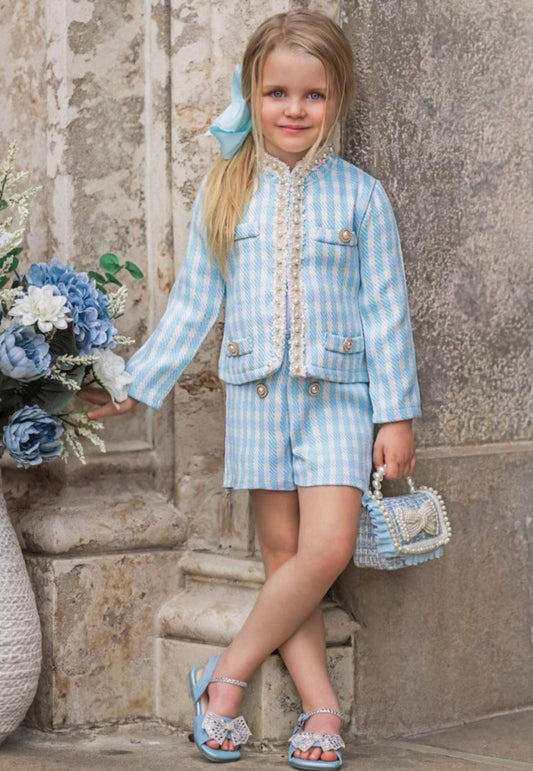 Chic Blue Striped Jacket and Shorts Set