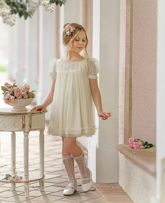 Vintage-Inspired Lace Puff Sleeve Dress with Bow Detail