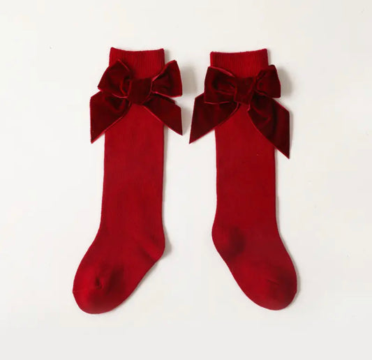 Wine Velvet Bow Socks