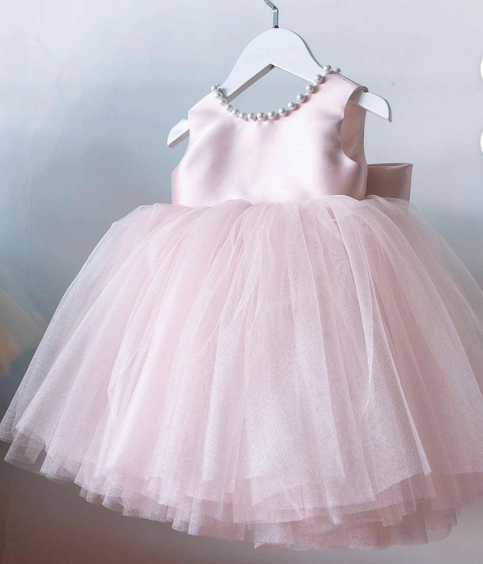 Blush Pearl Bow Tulle Dress