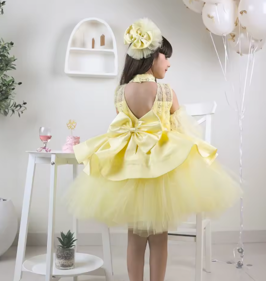 Golden Radiance Tulle Gown & Matching Hair Bow