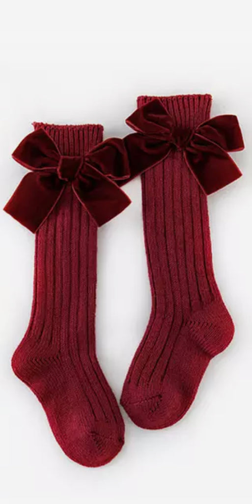 Burgundy Velvet Bow Knee Socks