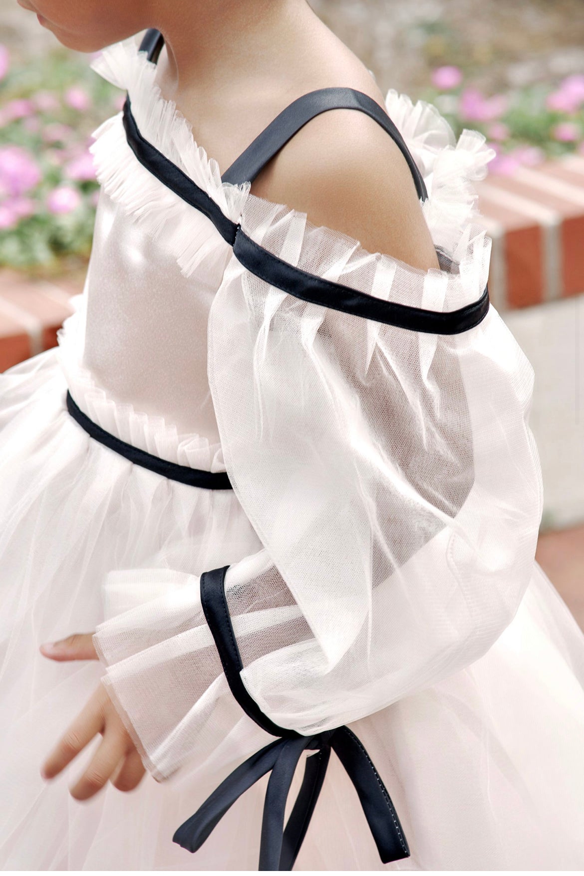 Elegant Off-Shoulder Tulle Dress with Black Ribbon Accents