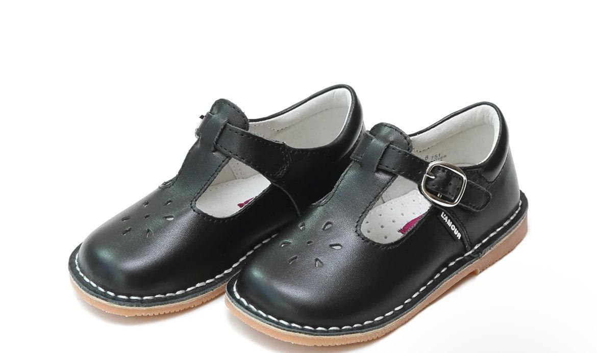 L'Amour Black Leather T-Strap Mary Janes