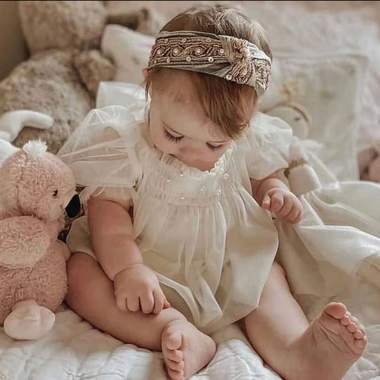 Adorable Angelic Baby Romper with Puff Sleeves and Bow Detai