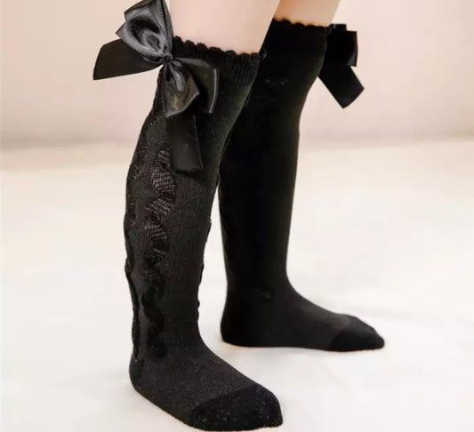 Black Satin Bow Knee Socks