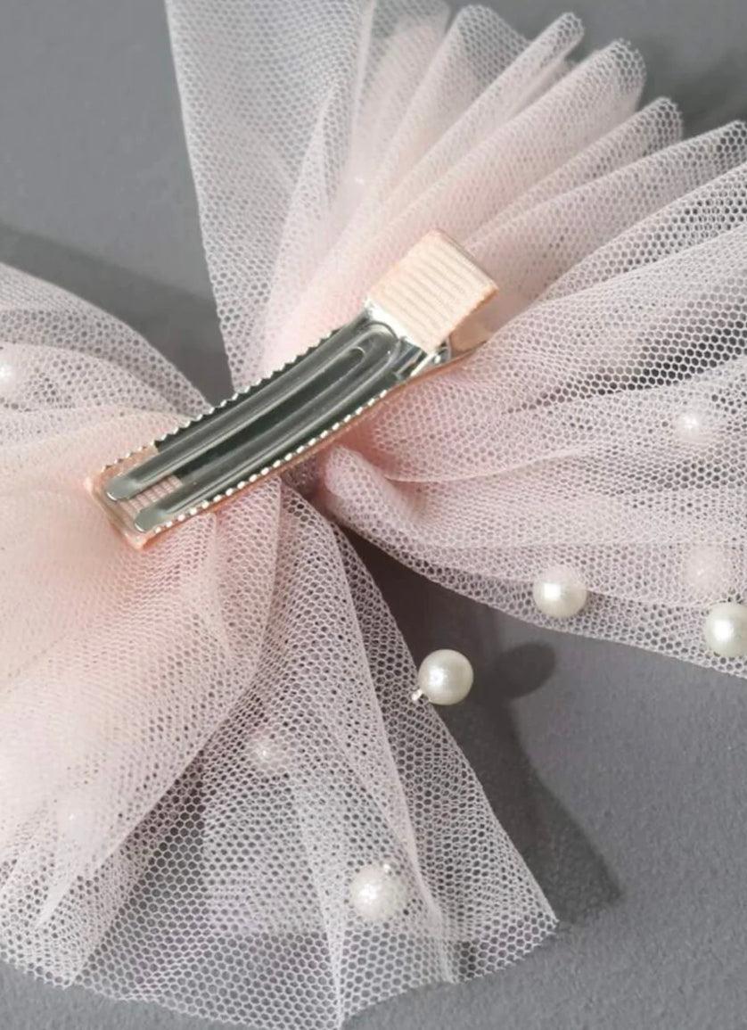 Pink Tulle Hair Clip with Pearls