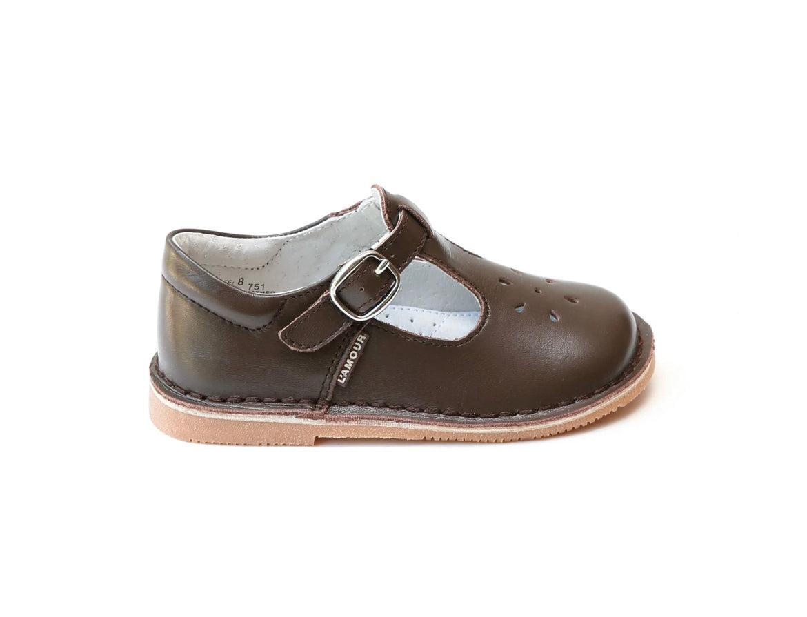 L'Amour Brown Leather T-Strap Mary Janes