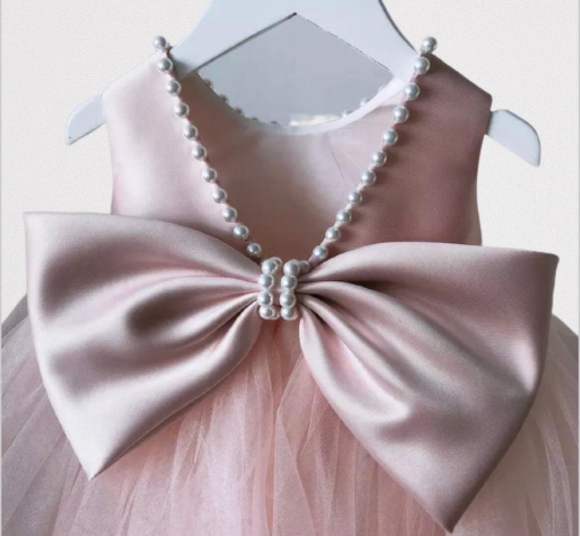 Blush Pearl Bow Tulle Dress