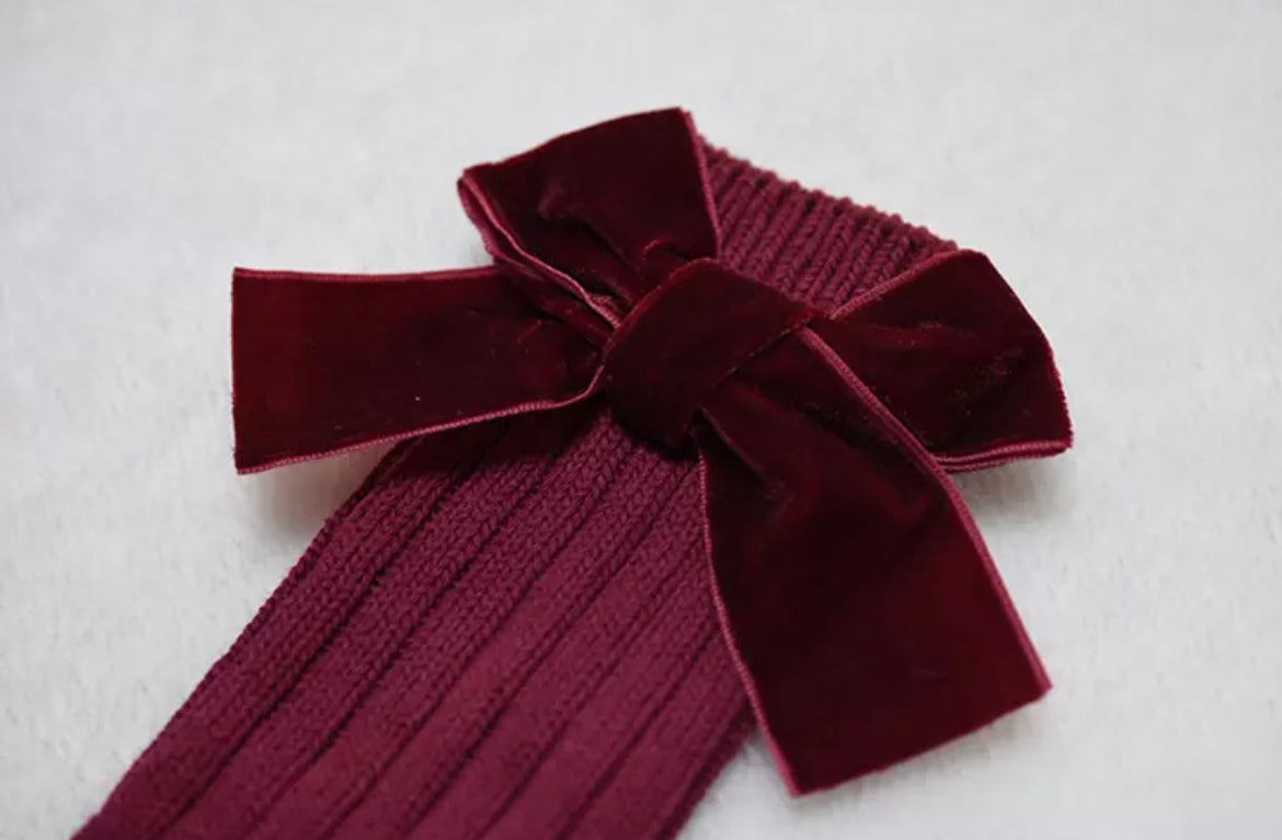 Burgundy Velvet Bow Knee Socks