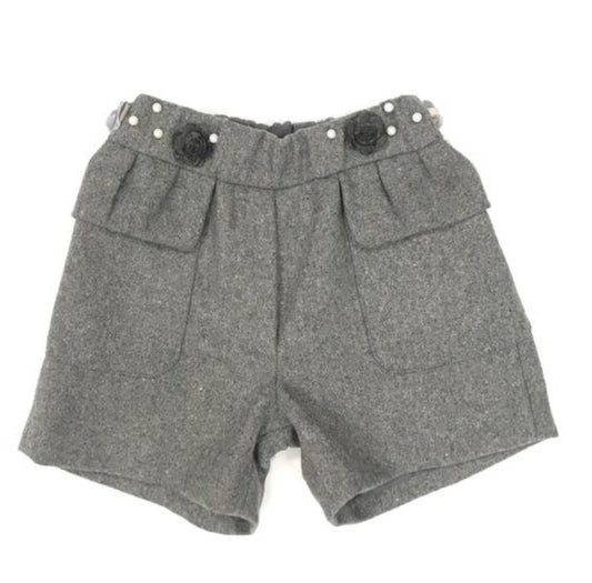 Classic Gray Wool-Blend Shorts with Pearl and Button Details