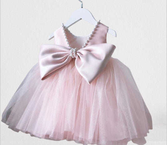 Blush Pearl Bow Tulle Dress