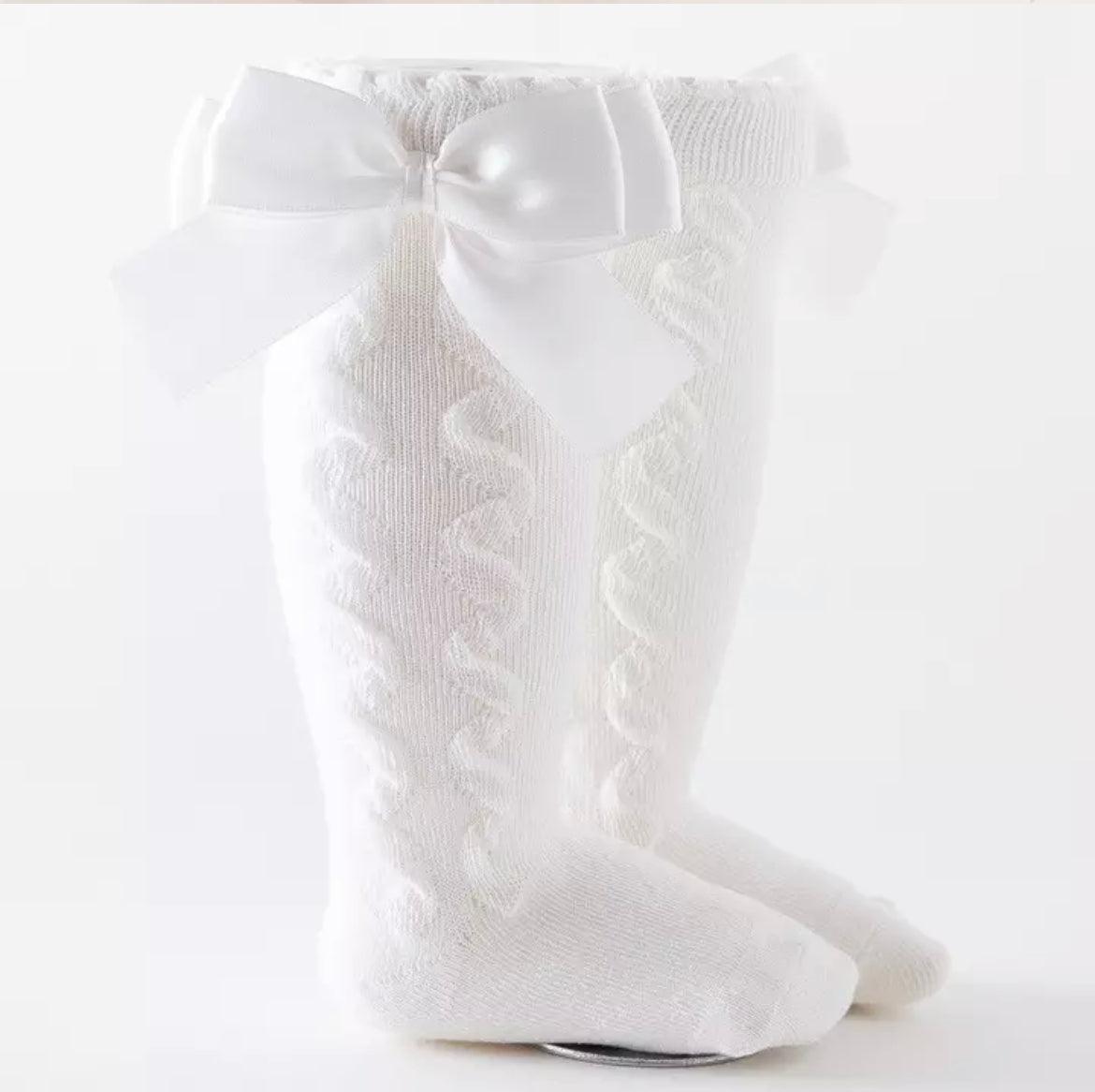 White Satin Bow Knee Socks